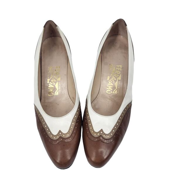 Salvatore Ferragamo Pumps Heels Shoes Slip On Wingtip White Brown Size 7.5 - Picture 6 of 6